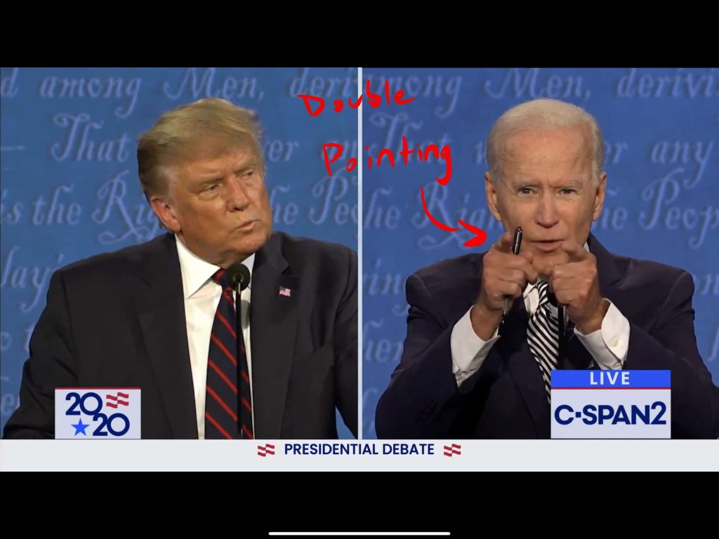 Biden points to the camera with two fingers
