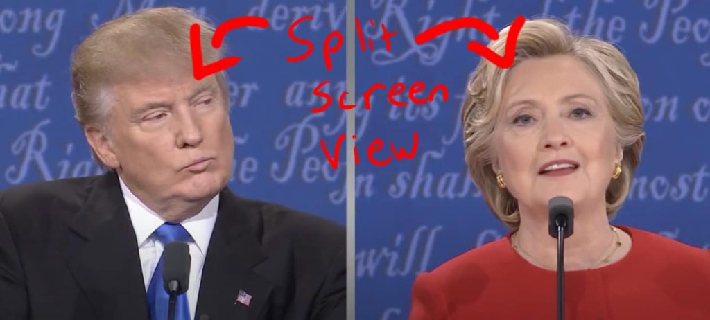 Split screen view of Trump and Clinton