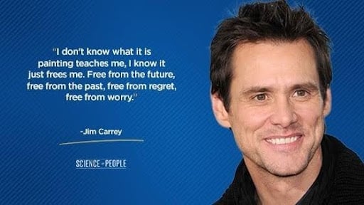 A graphic made by science of people with a quote and image from Jim Carrey, about how painting frees him from the future, past, regret, and worry. This relates to the article on how to love yourself.