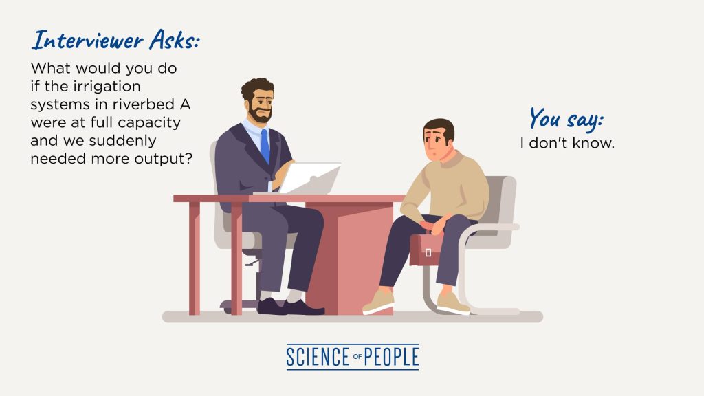 An interviewer answers, "I don't know!" in response to a job interview question.