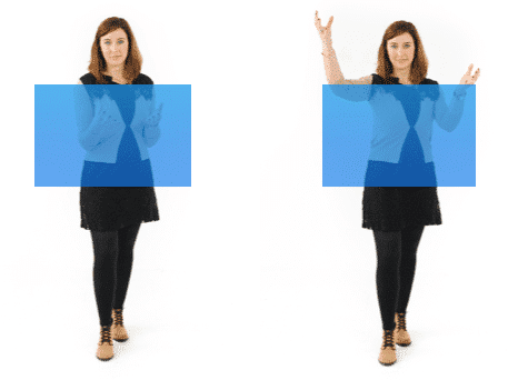 Woman doing hand gesture within the box vs woman doing hand gesture outside the box