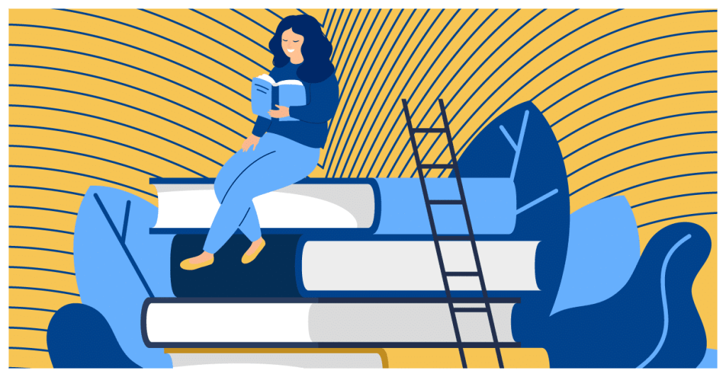 A girl sits on top of books and reads