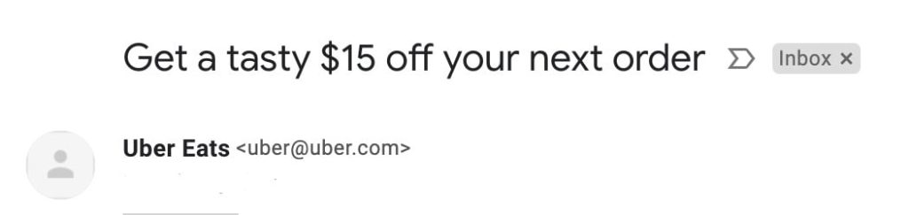 Get a tasty $15 off your next order - Email Subject Line example