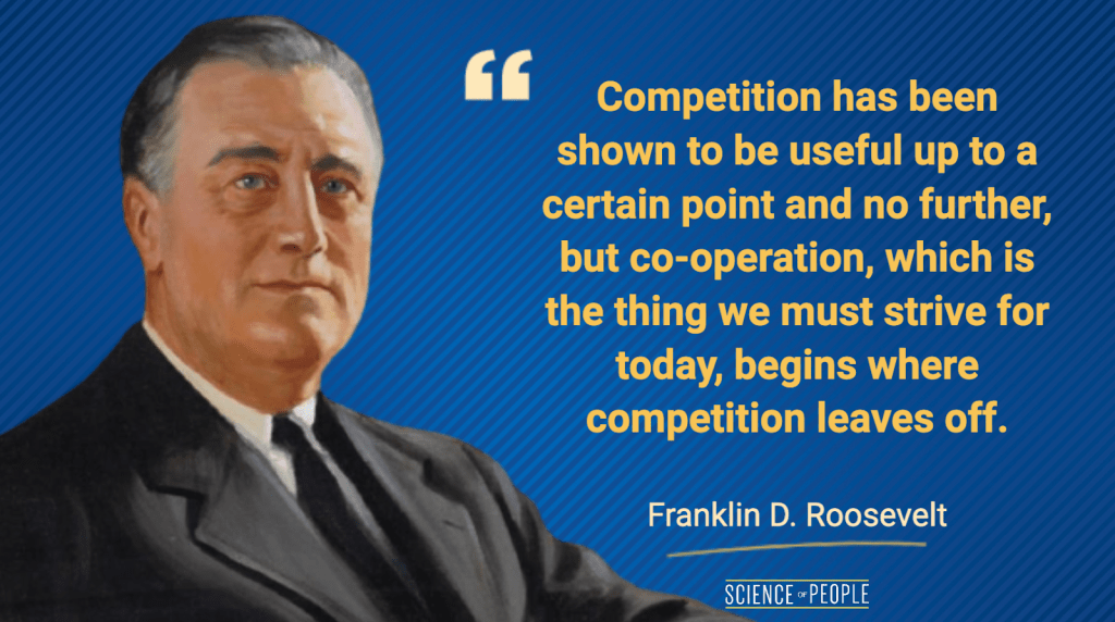 "Competition has been shown to be useful up to a certain point and no further, but co-operation, which is the thing we must strive for today, begins where competition leaves off." - Franklin D. Roosevelt Quote