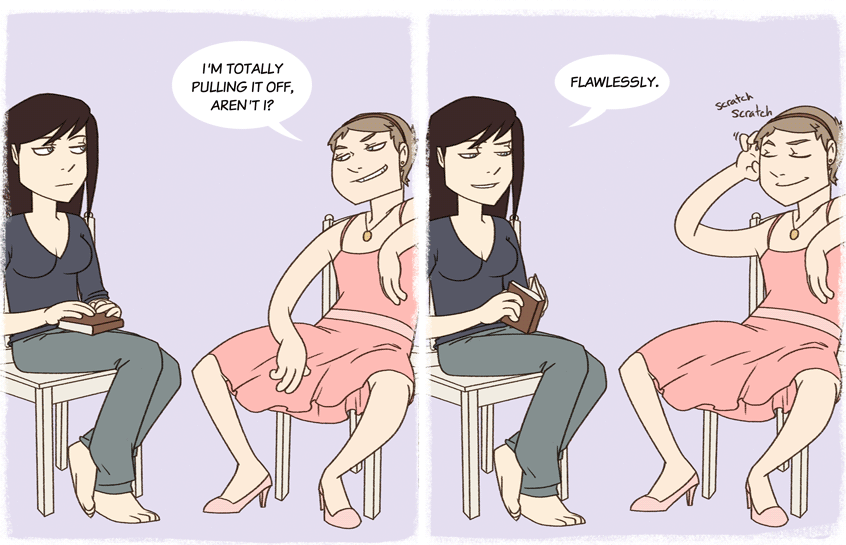 Comic strip shows 2 women sitting next to each other. The one on the right displays typical male body language and asks for approval. The one on the left approves.