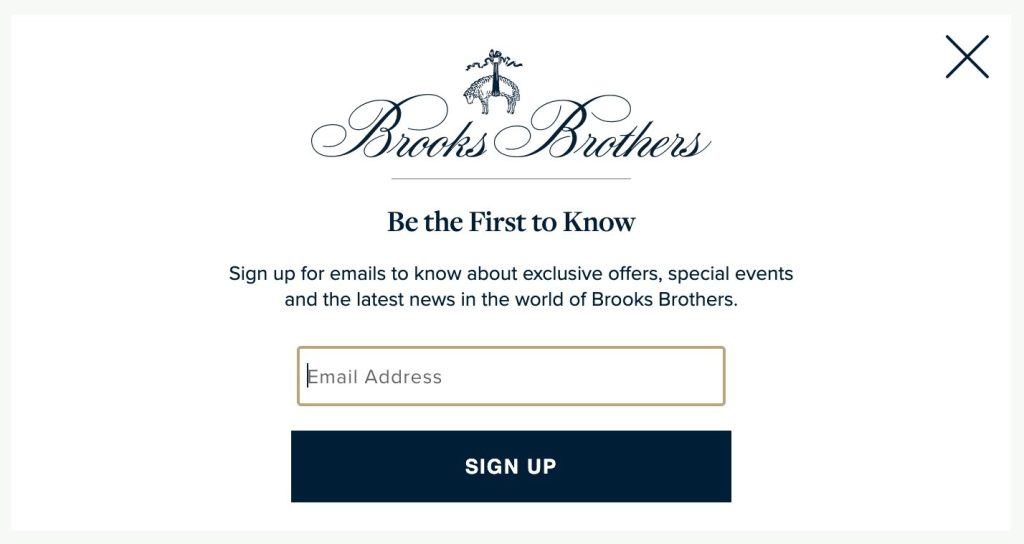 Brooks Brothers "Be the first to know" sign up form