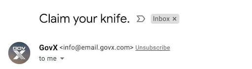 An email subject line from GovX that hints toward a "free" knife, even though it's just a discount.