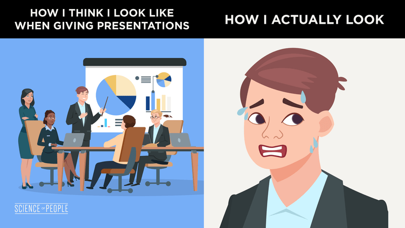 How I think I look like when giving presentations (confident) vs How I actually look (anxious)