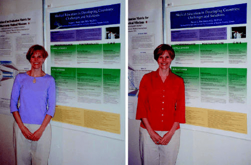 Person giving a presentation wearing a lavender blouse on one side, and a bright red blouse on the other.