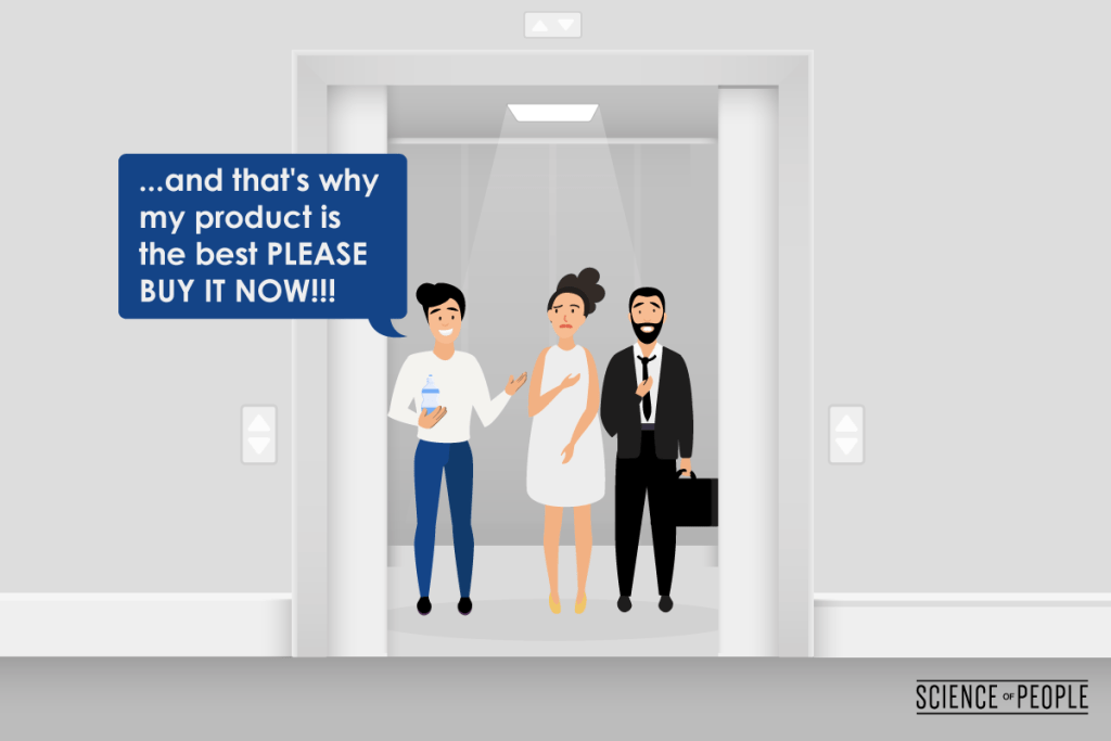 Graphic showing 3 people in an elevator and one of them is saying "... and that's why my product is the best please buy it now!"