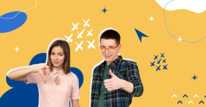 A woman giving a thumbs-down and a man giving a thumbs-up.