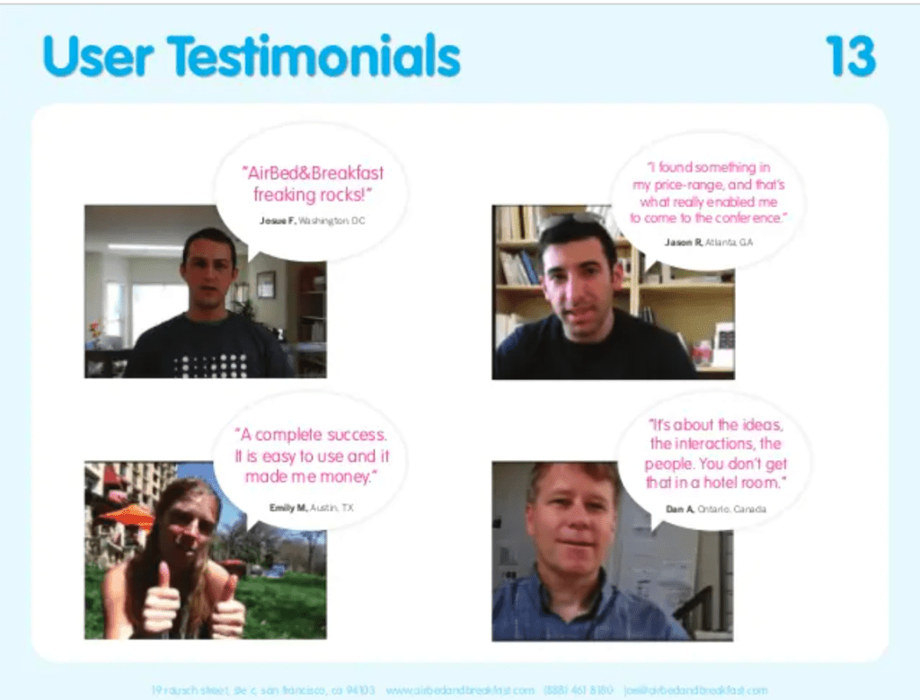 Airbnb pitch deck testimonials section
