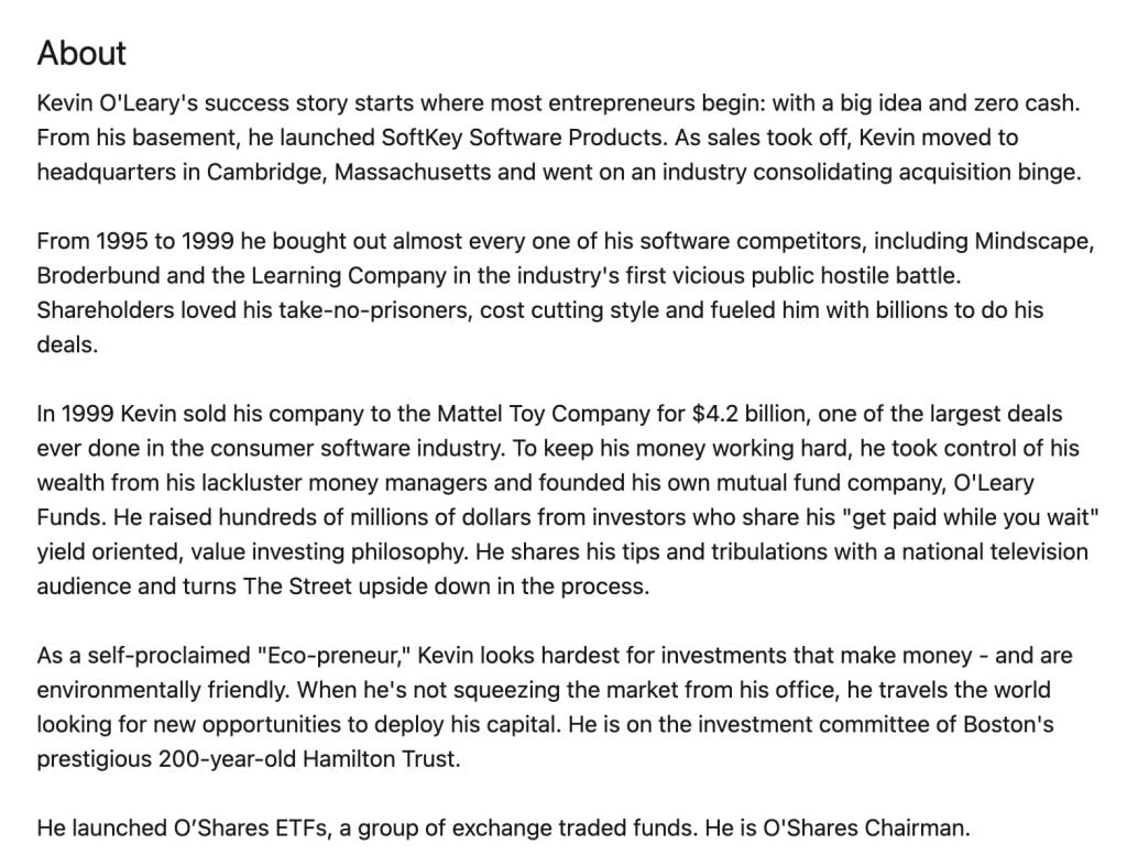 Kevin O'Leary's LinkedIn About section