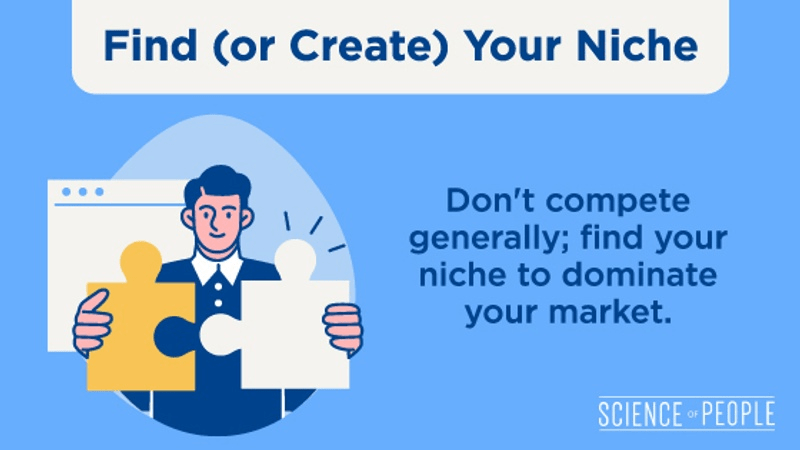 Find (or Create) Your Niche. Don't compete generally; find your niche to dominate your market.