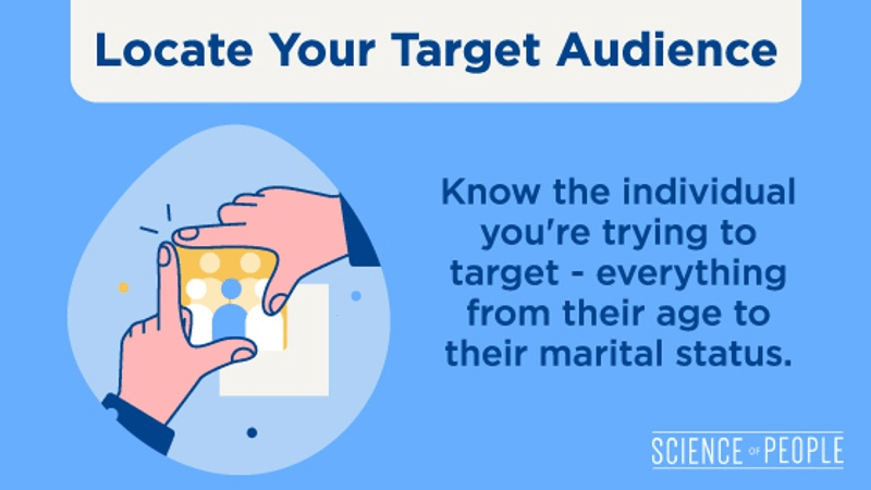 Locate Your Target Audience. Know the individual you're trying to target - everything from their age to their marital status.