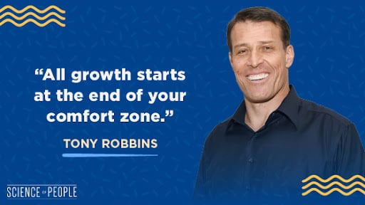 A graphic image by Science of People of tony Robbins, that says "All growth starts at the end of your comfort zone." This relates to the article which is about how to step out of your comfort zone.