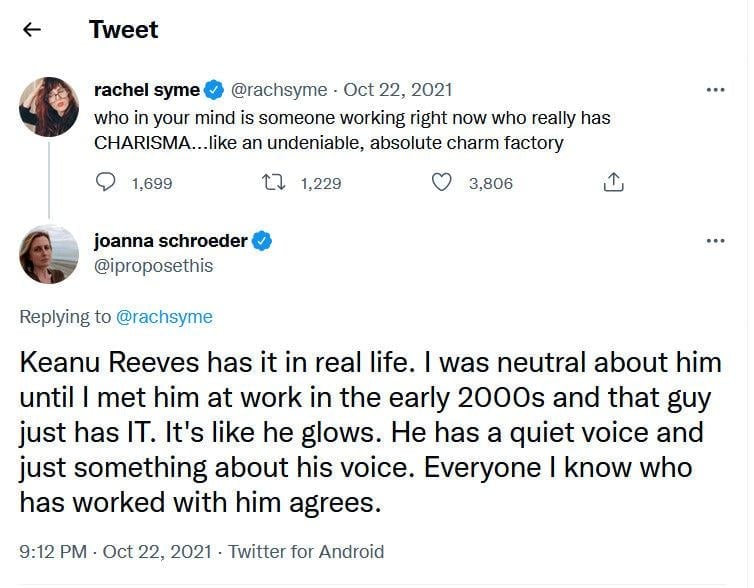 Tweet about Keanu Reeves's charisma
