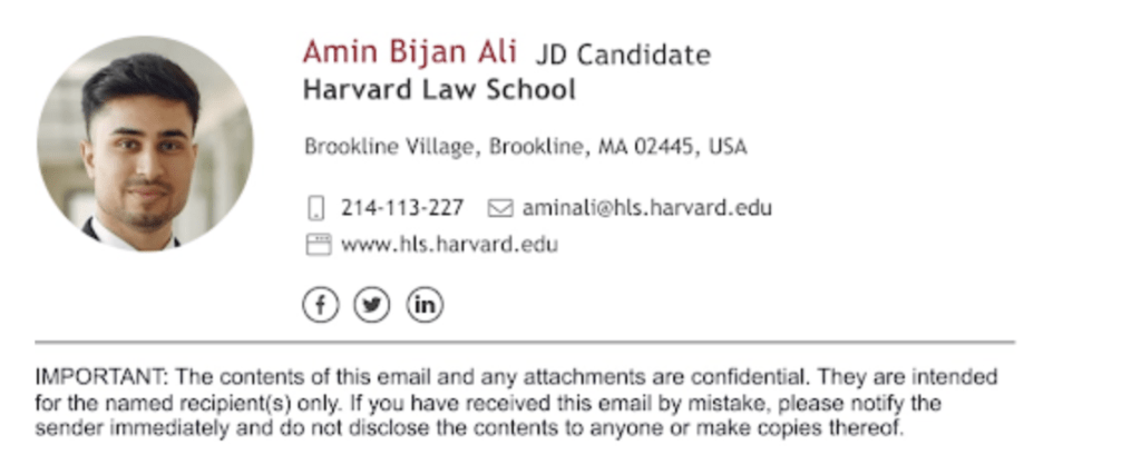 An email signature with a legal disclaimer in the bottom part.