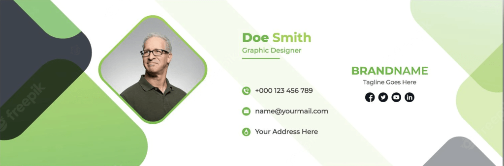 An email signature with a dynamic, geometric design.
