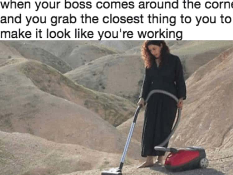 112 Funniest Coworker Memes Guaranteed To Make You Laugh 58 "when your boss comes around the corner and you grab the closest thing to you to make it look like you're working"