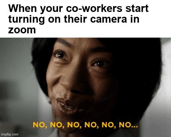 When your co-workers start turning on their camera in zoom

Me: No, no, no, no, no, no