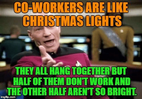 Co-workers are like Christmas lights.. they all hang together but half of them don't work and the other half aren't so bright.