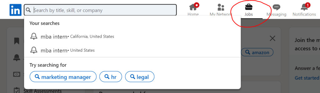 A screen display that shows where the Jobs icon is located. It is encircled beside my network and messaging in the top right corner.