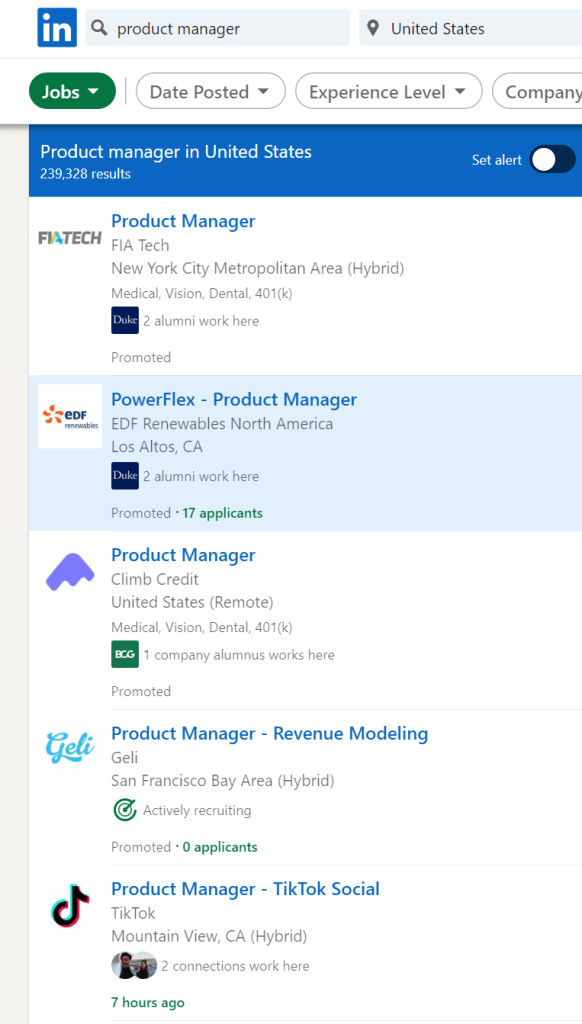 A screen display showing a list of jobs.