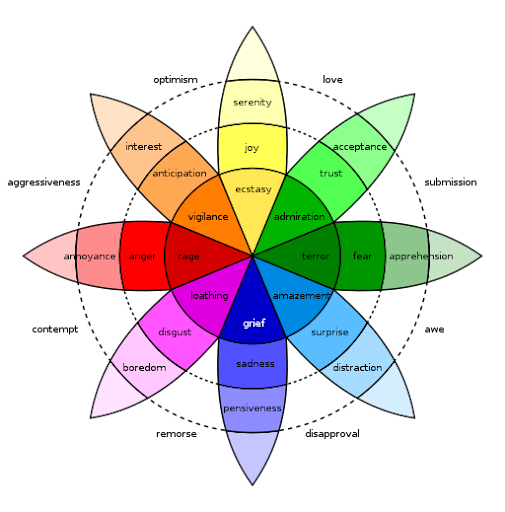 A colorful image of an emotion wheel which is a theory that uses 8 primary emotions to help individuals better understand their feelings and how they can self-regulate. 
