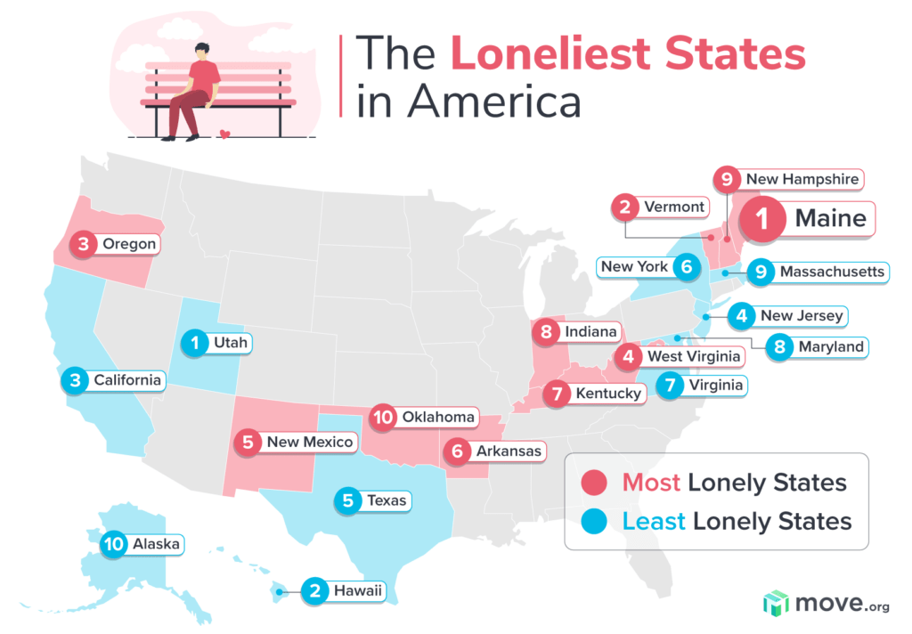 A picture plotting the loneliest states in America.