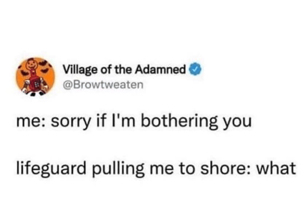 a tweet that says:

me: sorry if I'm bothering you
lifeguard pulling me to shore: what