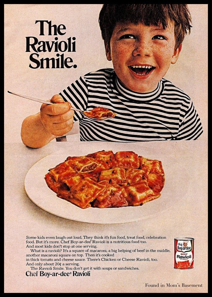 Ad image showing a kid eating ravioli and smiling