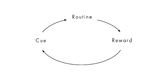 An image of a diagram from Charles Duhigg's book, The Power of Habit. It demonstrates the primary components of habit building. The diagram shows the three main components in a continuous circle with arrows, which are are cue, routine, and reward. This is helpful to when learning how to journal.