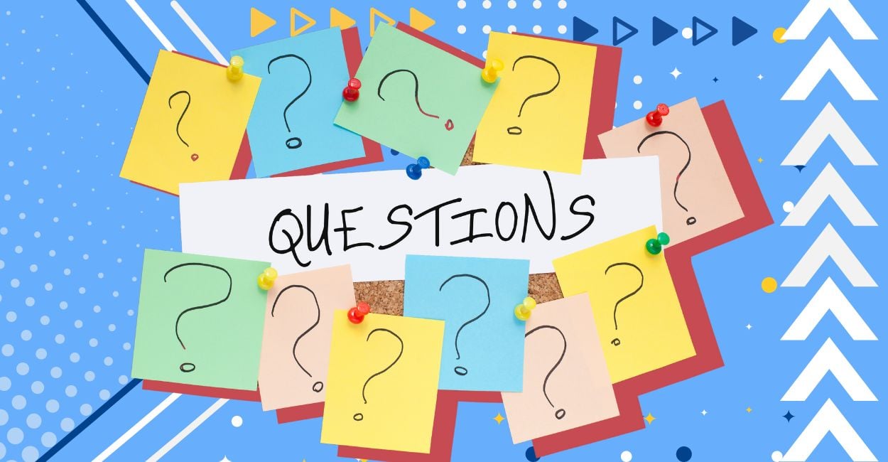 word "questions" in between notepads with question mark doodles