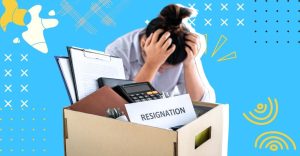 woman with a box on the side and a resignation letter