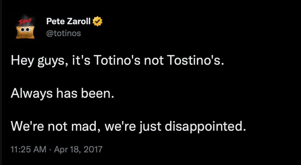 twitter screen captured post on clarifying that it's Totino's and not Tostino's