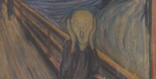 An image of the famous art piece, "The Scream". The person has a gold bracelet on their right hand, but most people never noticed this which is an example of the mandela effect.