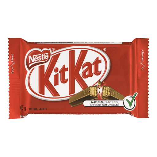 An image of a kitkat bar. Most people remember it as kit-kat, but there was actually never a hyphen, which is an example of the mandela effect.