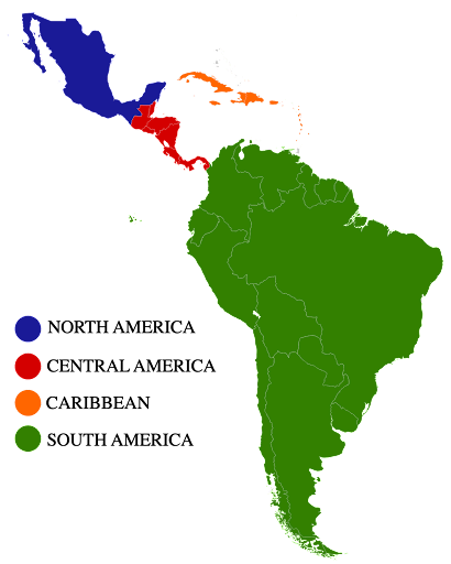 An image of a map showing that south america is actually not directly under north america, as most people remember. This is an example of the mandela effect.