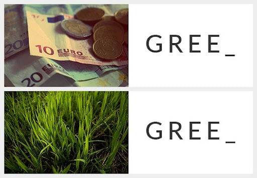 An image split into two with the upper half showing money and the words "Gree_" and the bottom half showing grass with the words "Gree_". This is exemplifying the mandela effect.