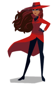 An image of Carmen Sandiego, the fictional globe-trotting criminal, wearing a red coat. Most people remember her wearing a black coat, which is an example of the mandela effect.