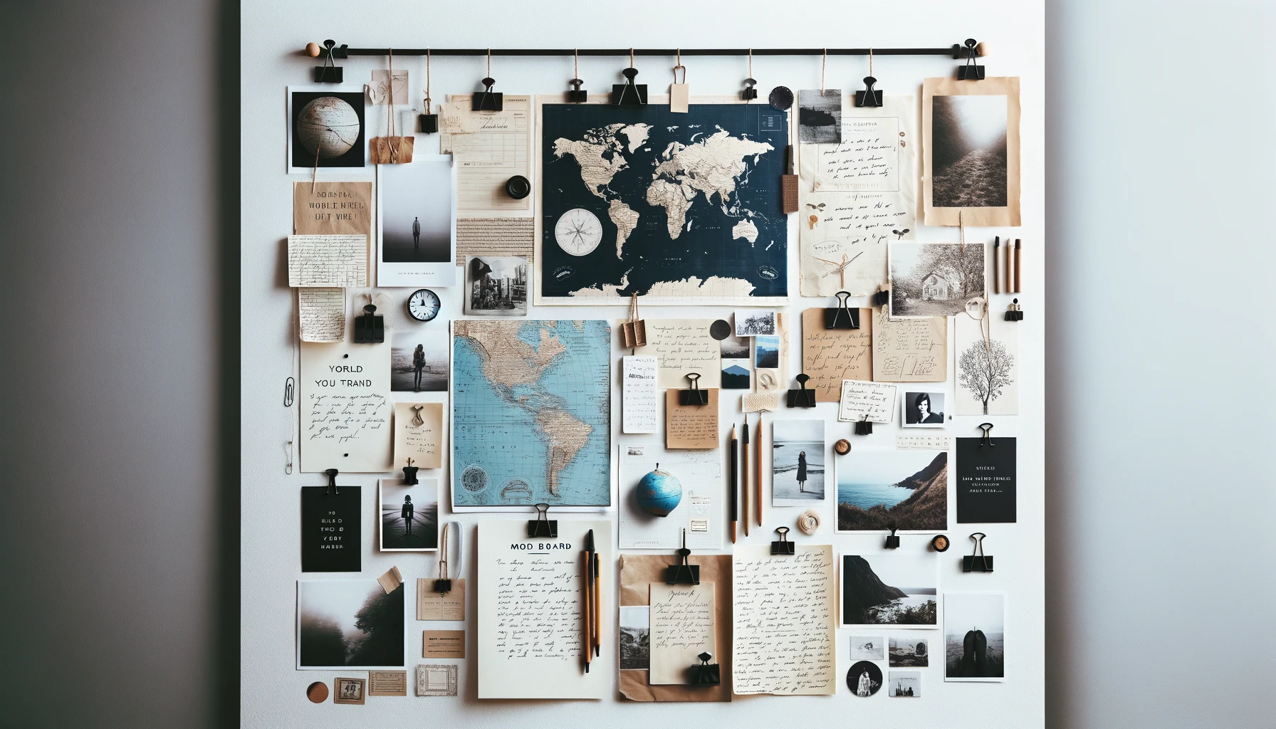 A mood board with maps and notes.