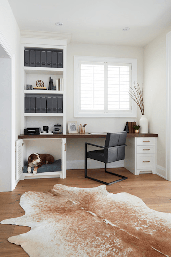 Add spaces for your pets to hang out in your work space as an office decor idea