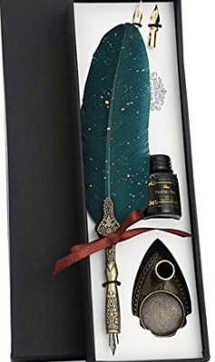 Fancy feather pen and ink set from VANGOAL that would make a unique gift for an employee.