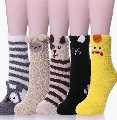 Animal-themed fuzzy socks from DYW that would make a unique empployee gift idea.