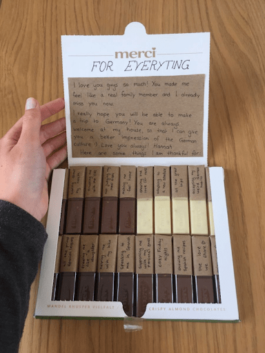 Merci chocolates and notes as a going away gift