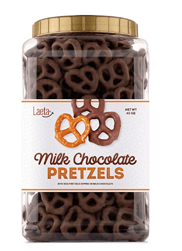 Chocolate-covered pretzels from Laeta that would make a unique employee gift.