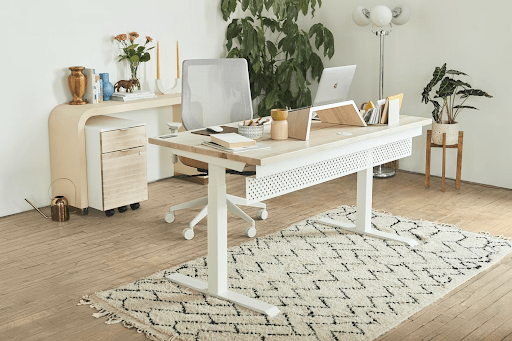 Warm office with zones and rugs as an office decor idea