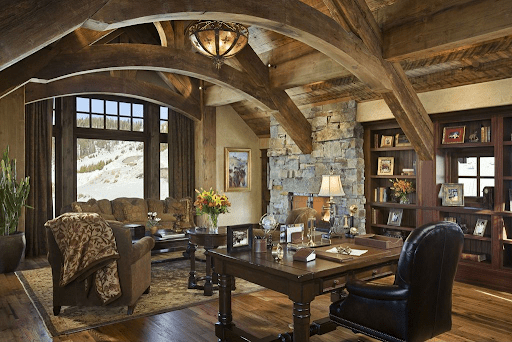 Farmhouse rustic decor living room as an office decor idea