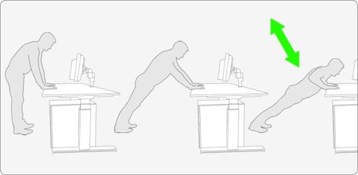 A cartoon illustration of a man at work doing desk pushups as an office exercise